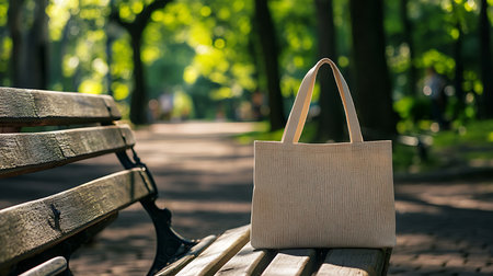 Relaxing park scene with tote bag on bench urban nature photography daytime close-upの素材