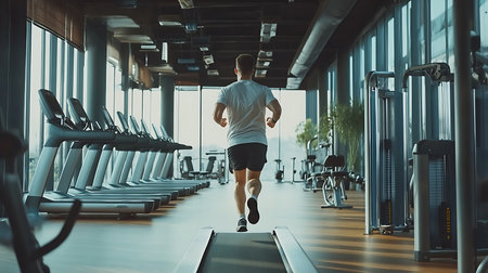 Running exercise session in modern gym fitness center action shot bright environmentの素材