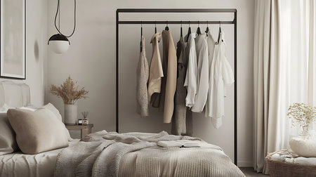 Minimalist bedroom with hanging clothes rack modern home interior design cozy atmosphereの素材