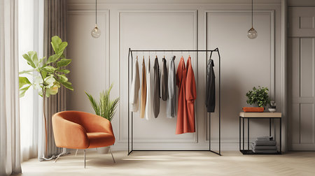 Stylish clothing display in modern living room fashion showcase contemporary interior designの素材