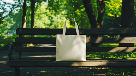 Serene park bench with a white tote bag nature scene outdoor setting daylight viewの素材