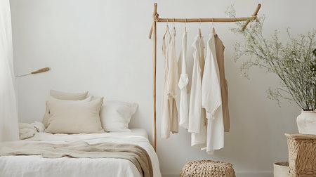 Minimalist bedroom decor showcase modern home lifestyle photography bright atmosphere aesthetic viewの素材