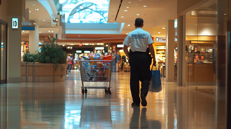Security officer patrolling shopping mall retail location image indoor side view safetyの素材