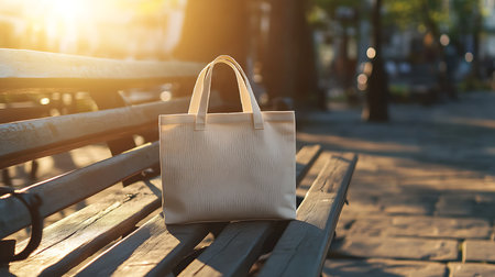 Elegant tote bag on park bench at sunset lifestyle photography serene environmentの素材