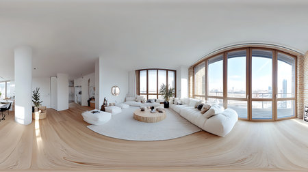 Explore a serene modern living room with panoramic city views showcasing minimalist aesthetics and natural light.の素材