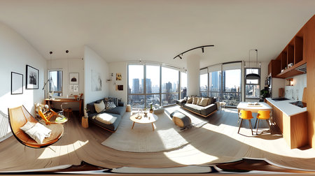 Explore a stunning urban living room with stylish decor panoramic views and a vibrant ambiance.の素材