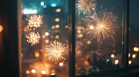 Witness the vibrant fireworks marking the New Year from a cozy window view in the city.の素材