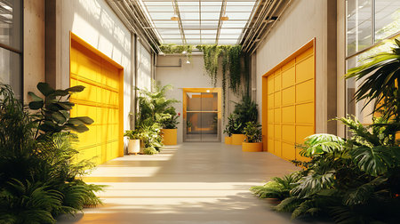 A vibrant indoor corridor filled with lush plants and natural light creating a serene urban oasis.の素材