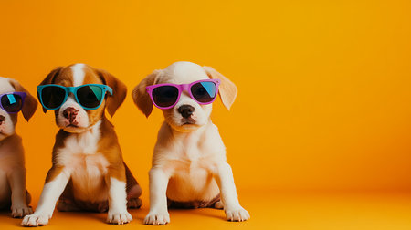 Playful puppies wearing sunglasses studio animal photography vibrant orange background close-upの素材