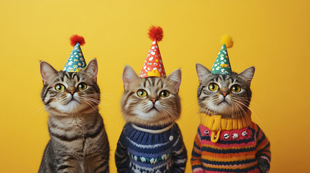 Festive cats in colorful sweaters celebrating a birthday party indoor cute animalsの素材