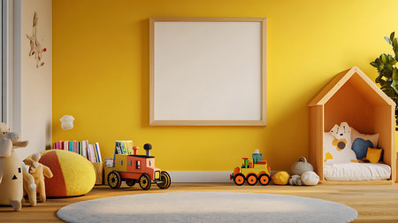 Playful children's room with yellow walls cozy environment toy trains and decorの素材