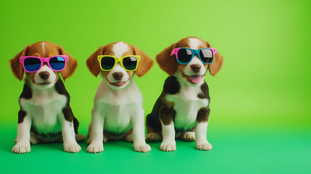 Playful beagle puppies wearing sunglasses fun studio shoot vibrant green backgroundの素材