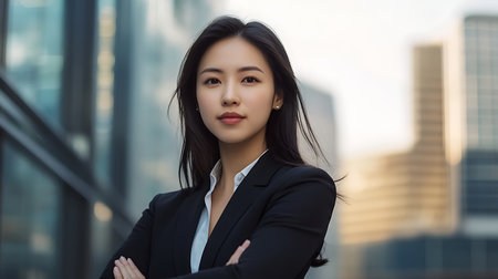 Confident business woman posing outdoors in urban landscape professional portrait photographyの素材