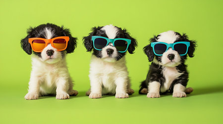 Playful puppies in sunglasses green background adorable animal photography fun vibeの素材