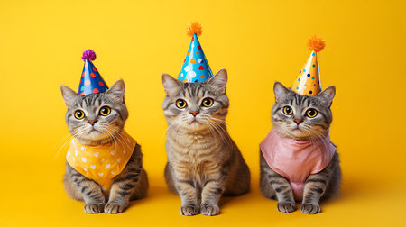 Celebration of cute kittens in party hats indoor setting fun and whimsical cat photographyの素材