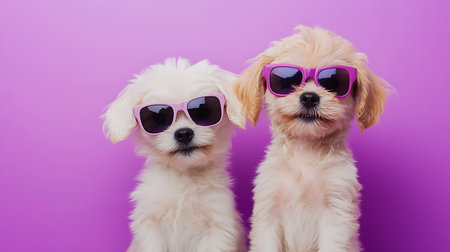 Two cute puppies don stylish sunglasses exuding charm against a vibrant purple backdrop.の素材
