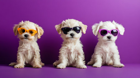 Three adorable puppies sport sunglasses creating a fun and playful atmosphere in a colorful studio.の素材