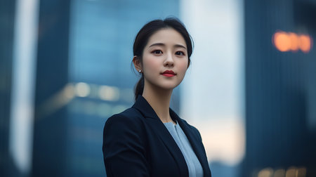 A poised businesswoman exudes confidence amidst a vibrant city backdrop.の素材