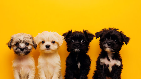 Four cute puppies sitting together against a vibrant yellow backdrop showcasing their playful nature.の素材