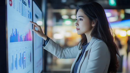 A professional woman engages with data visuals on a screen reflecting business insights.の素材