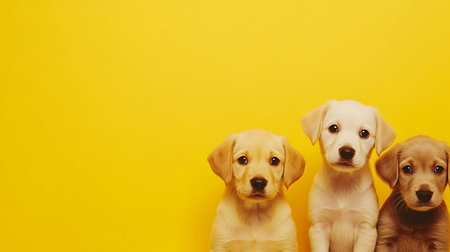 Three cute puppies sit against a vibrant yellow backdrop exuding warmth and joy.の素材