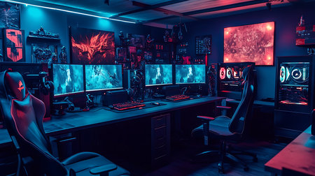 Explore a vibrant gaming setup with immersive tech elements and an engaging design.の素材