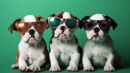 Three charming puppies wearing stylish sunglasses bring joy in a playful studio setting.の素材