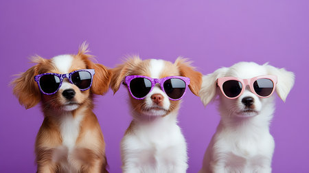 Three cute puppies wearing trendy sunglasses pose against a vibrant purple background.の素材