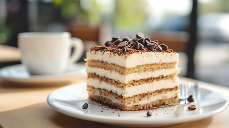 Experience the rich layers of tiramisu in a warm setting perfect for coffee aficionados.の素材