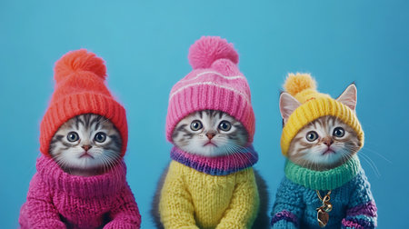 Three adorable kittens wearing vibrant hats create a charming and playful scene.の素材