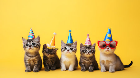 Five adorable kittens in party hats celebrate in a vibrant festive atmosphere.の素材