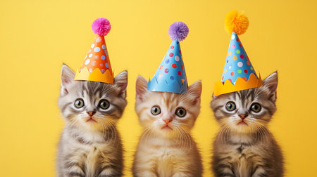 Three adorable kittens in colorful party hats celebrate with joy in a vibrant cheerful setting.の素材