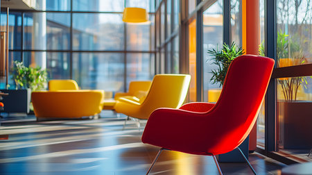 A vibrant office lounge showcases colorful chairs in a modern design promoting creativity and relaxation.の素材