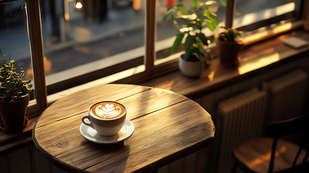 A serene coffee cup encapsulates the warmth and comfort of a cozy urban coffee moment.の素材