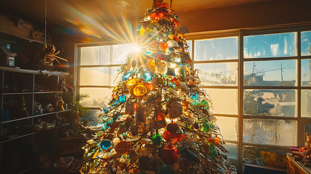 A beautifully decorated Christmas tree illuminates the room with colorful ornaments and warm light.の素材