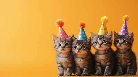 Four playful kittens in colorful party hats capturing the joy of a fun celebration.の素材
