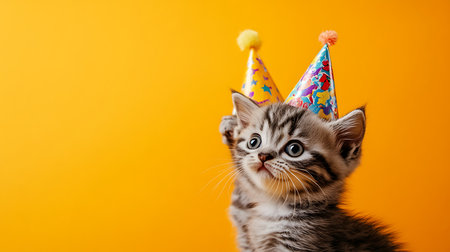 A cute kitten dons a party hat embodying the spirit of celebration in a vibrant indoor setting.の素材