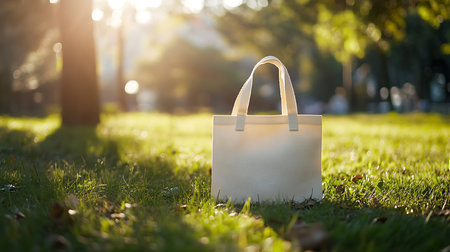 A serene scene showcasing a white tote bag resting on lush grass illuminated by sunlight.の素材