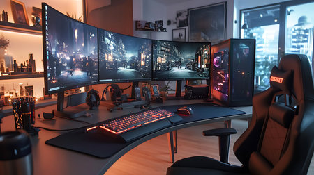 Explore a sleek gaming setup featuring multiple monitors and ambient lighting in a stylish home office.の素材