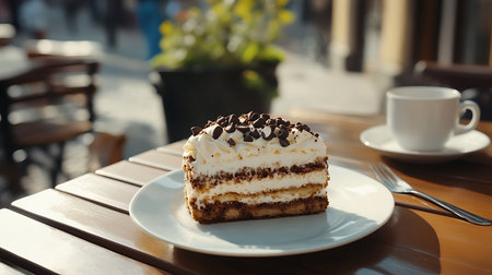 A stunning cake captivates the scene radiating sweetness in a lively outdoor urban setting.の素材