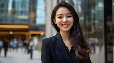 A confident young professional smiles against an urban backdrop showcasing the essence of modern business culture.の素材