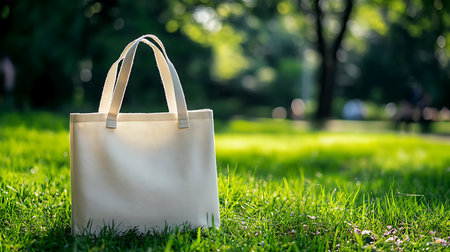 A simple yet chic bag rests on lush grass perfect for a sunny day picnic.の素材