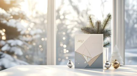 A beautifully arranged holiday greeting card beside ornaments in a cozy winter home setting.の素材