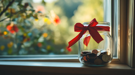 A charming scene of a jar filled with coins symbolizing savings and financial hope.の素材