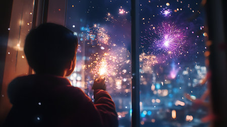 A child gazes in awe at colorful fireworks lighting up the night sky over the city.の素材