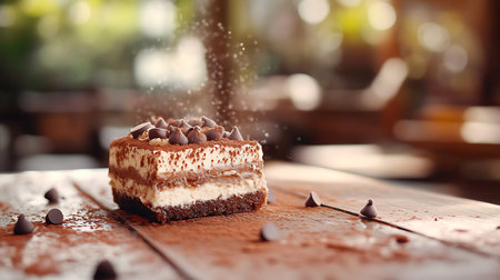 A rich chocolate dessert awaits on a wooden table inviting you to savor its decadent flavors in a warm setting.の素材