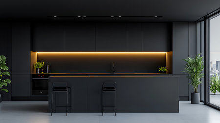 Explore a sleek black kitchen in an urban apartment showcasing modern design elements.の素材
