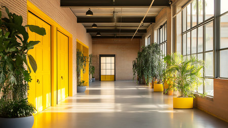 Explore a vibrant office corridor featuring yellow doors and greenery enhancing workspace aesthetics.の素材