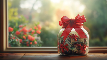 A jar filled with money symbolizes financial aspirations and the joy of saving in a serene home setting.の素材
