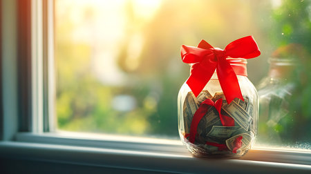 A money jar adorned with a red bow symbolizes savings and future planning in a warm home setting.の素材